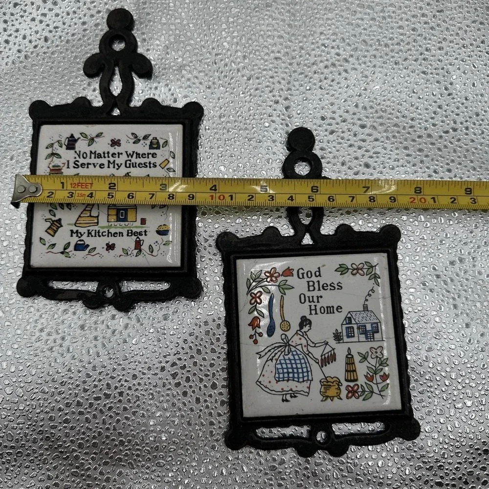 Vintage Cast Iron Trivets with Tile Inserts God Bless Our‎ Home Kitchen